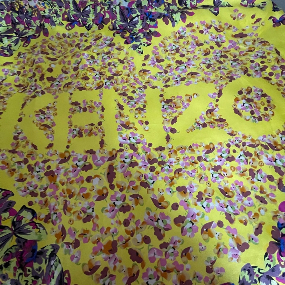 Kenzo Vibrant Yellow Floral Print Silk Scarf.